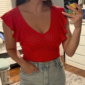 🎉B2GO- f21 Red Polka Dot crop Ruffle Sleeve Top